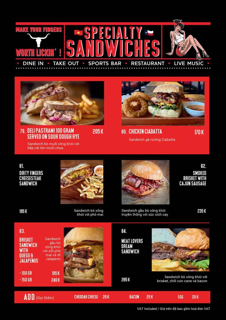 Dirty Fingers Menu - Specialty Sandwiches
