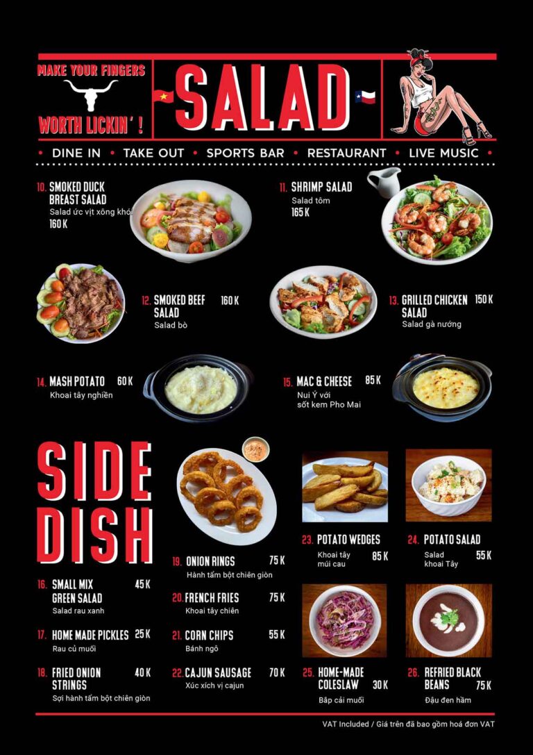 Dirty Fingers Menu - Salad and Side Dish