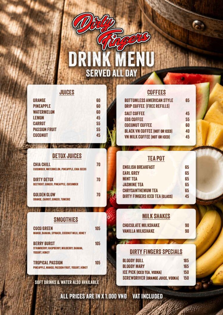 Dirty Fingers Breakfast Drink Menu June2026